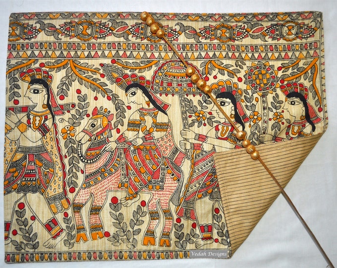 Madhubani Placemats Set Khadi Silk Table Mats Gypsy Decor Home Etsy