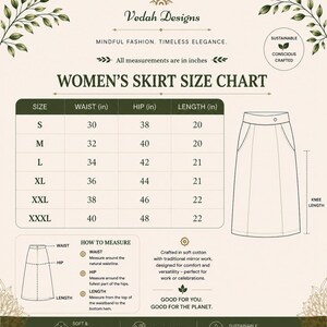 Op de afbeelding: Een maattabel voor rokken van Vedah Designs met een tabel met taille-, heup- en lengtematen in inches voor de maten S tot XXXL. Het bevat een lijntekening van een rok, een meetinstructie en tekst over duurzame productiepraktijken.