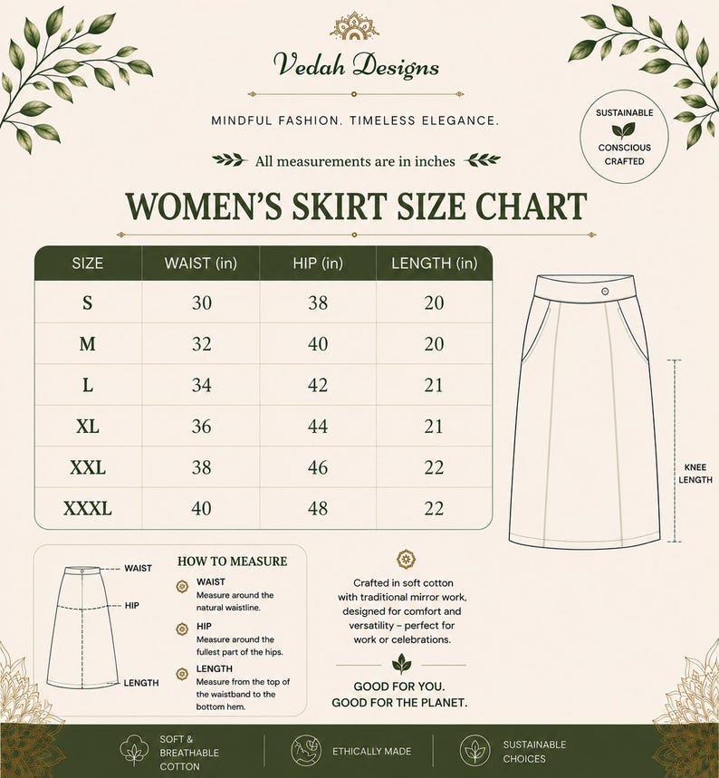 Op de afbeelding: Een maattabel voor rokken van Vedah Designs met een tabel met taille-, heup- en lengtematen in inches voor de maten S tot XXXL. Het bevat een lijntekening van een rok, een meetinstructie en tekst over duurzame productiepraktijken.