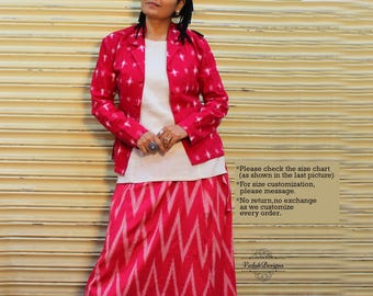 Three piece set jacket top and skirt set in handloom ikat fabric