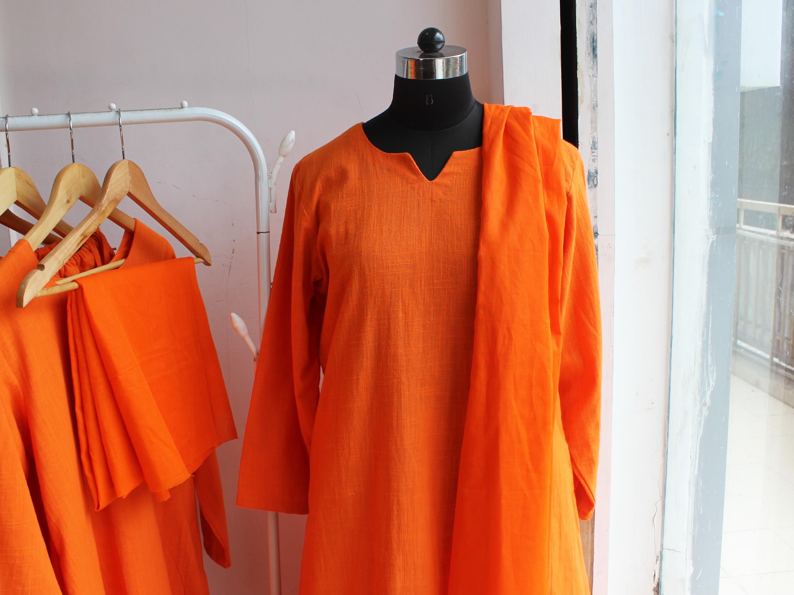 Orange kurta dhoti skirt stole set in khadi cotton lightweight fabric yoga clothing