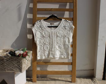 Top de crochet blanco, camiseta sin mangas para playa