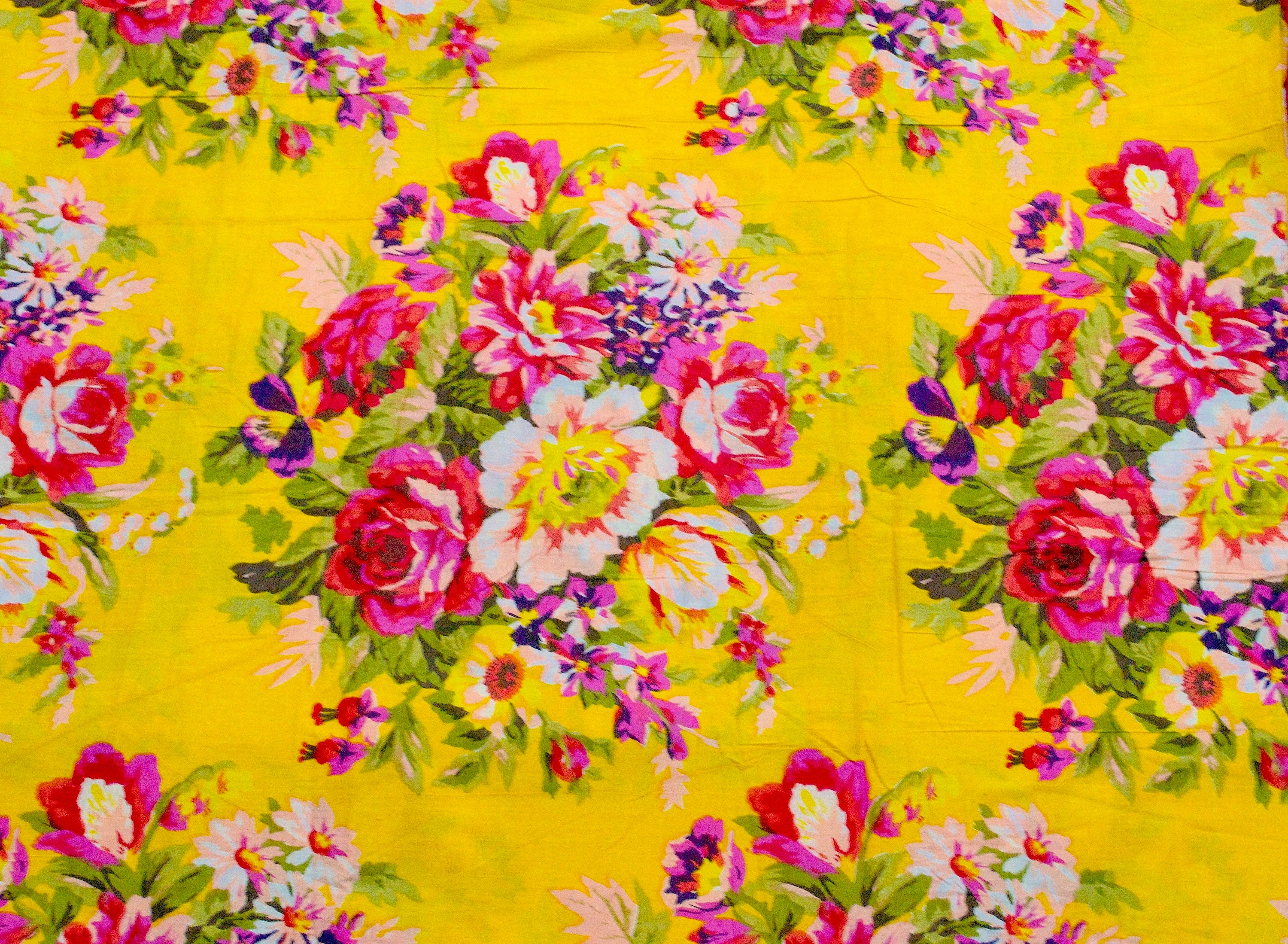 Yellow floral screen print fabric Soft cotton fabric by the Etsy