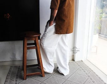 White handloom cotton palazzo pants Unisex breathable pocket pants for men