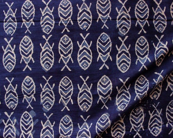 2.5 yards quirky fish block print fabric in organic indigo blue dye