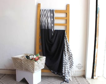 Designer stole Ikat cotton dupatta in Black and white color in chevron pattern