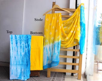 Tie dye suit sky blue yellow suit with georgette chiffon dupatta in cotton fabric