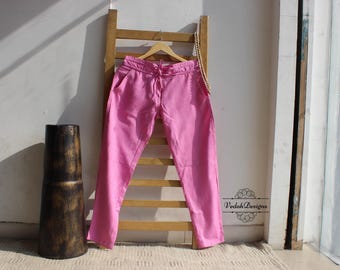 pink cotton blend pant for women