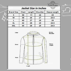 Puede incluir: Una tabla de tallas para una chaqueta en pulgadas. La tabla muestra las medidas de la talla de la marca, el pecho, la longitud, el hombro y la longitud de la manga para las tallas S, M, L, XL y XXL.