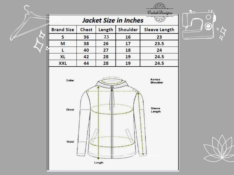 Puede incluir: Una tabla de tallas para una chaqueta en pulgadas. La tabla muestra las medidas de la talla de la marca, el pecho, la longitud, el hombro y la longitud de la manga para las tallas S, M, L, XL y XXL.