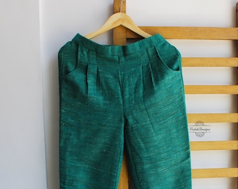 Khadi silk handwoven pant in green color with lining