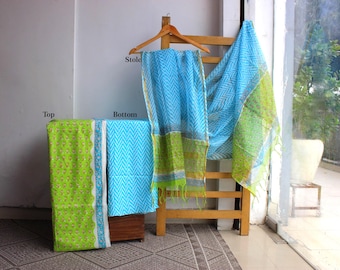 3 piece Sky blue ladies suit in cotton fabric block print dress material with georgette dupatta