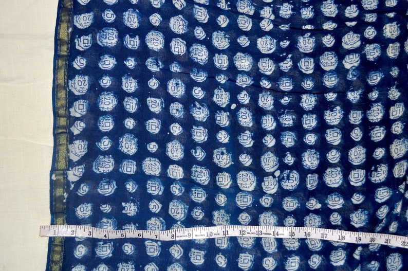 Beautiful coin print zari border chanderi fabric Indigo sheer fabric