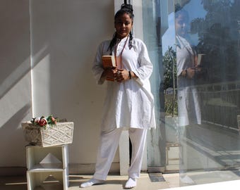 Custom-made white kurta with pajama pant in handloom khadi cotton slub fabric