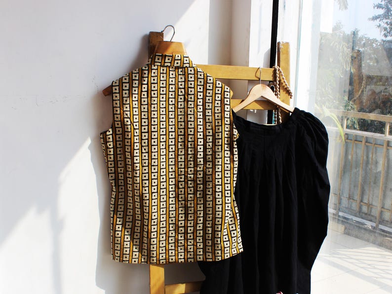 Yellow geometric block print cotton shirt breathable soft cotton shirt image 7