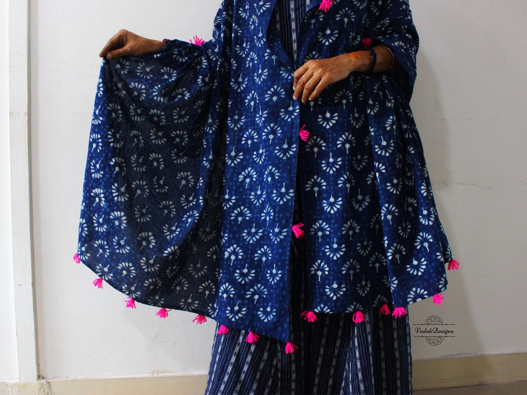 Indigo Cotton Stole, Floral Block Print Stole With Woolen Handmade