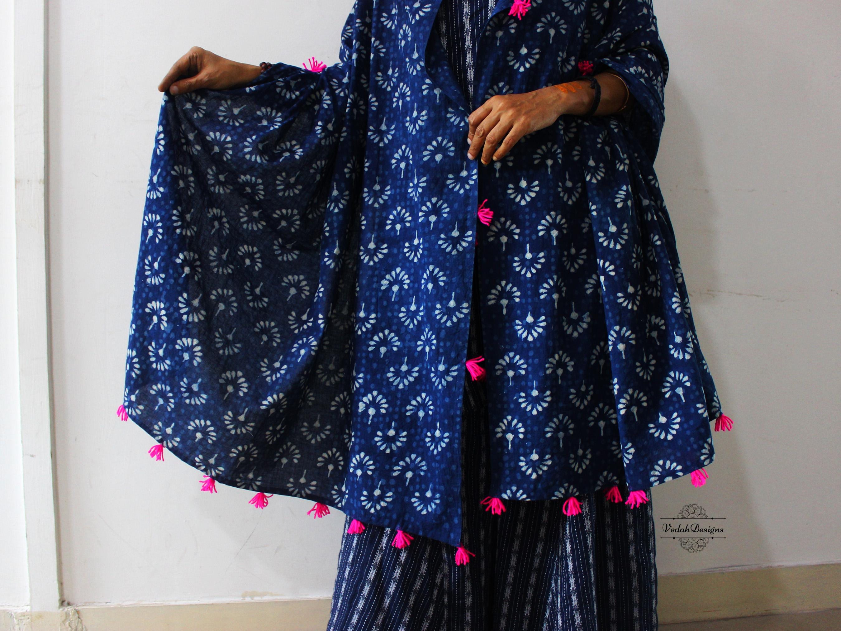 Indigo Cotton Stole, Floral Block Print Stole With Woolen Handmade