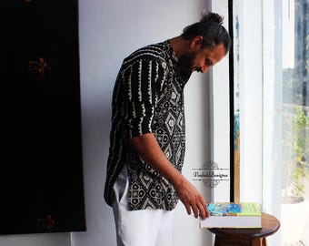Black block print short kurta in breathable cotton fabric vegetable dyed fabric