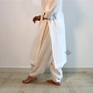 Kurta de algodón khadi color blanco roto con pantalón dhoti en tejido khadi hecho a mano para mujer
