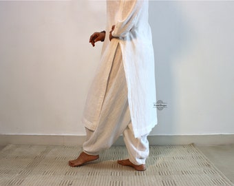 Off-white khadi cotton slub kurta with dhoti pant in handmade khadi fabric for women