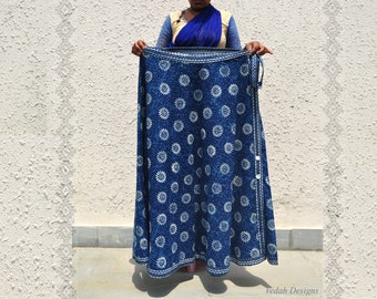 Custom made Indigo block Print skirt / long Cotton Wrap Skirt / teenage boho skirt