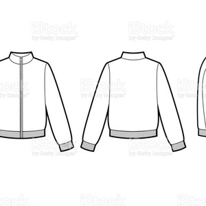 May include: A black and white technical fashion sketch of a jacket shown from the front, back, and side views. The jacket features a high collar, a full-length center front zipper, long sleeves, and ribbed knit cuffs and hemline.