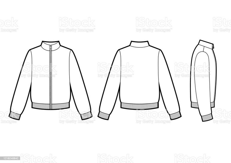 May include: A black and white technical fashion sketch of a jacket shown from the front, back, and side views. The jacket features a high collar, a full-length center front zipper, long sleeves, and ribbed knit cuffs and hemline.
