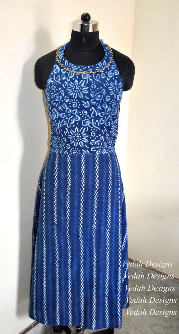 Indigo block print dress cotton Boho dress women halter dress