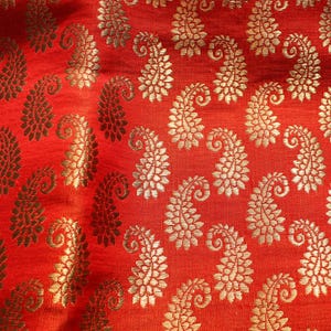 Red paisley handloom silk jacquard fabric by the yard