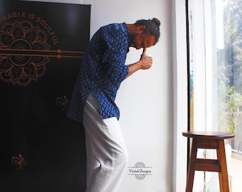 Polka dot shirt indigo block print kurta in breathable cotton fabric yoga clothing