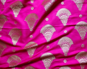 1.5 meters hot pink jacquard fabric with gold zari