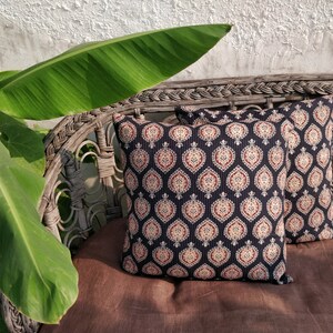 May include: Two black and white patterned throw pillows with red and cream accents are placed on a brown wicker chair. A large green leaf from a plant is in the foreground.