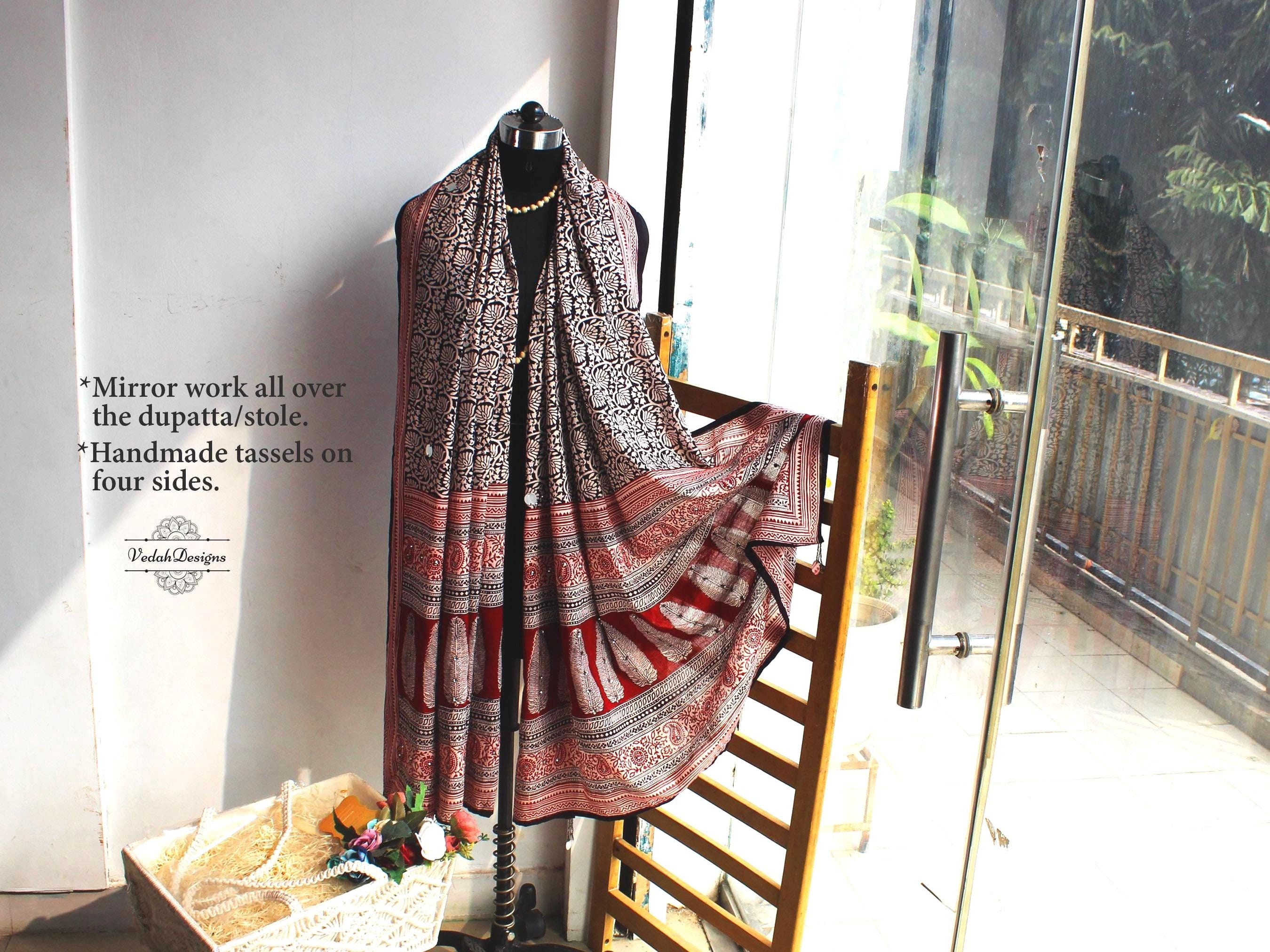 Mirror Work Dupatta Wedding Stole Lehenga Dupatta in Bagh Block ...