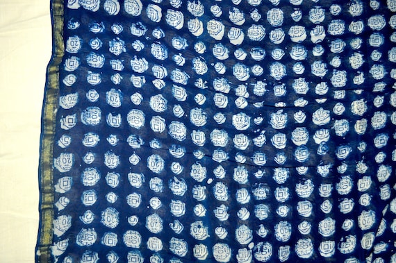 Beautiful coin print zari border chanderi fabric Indigo sheer fabric