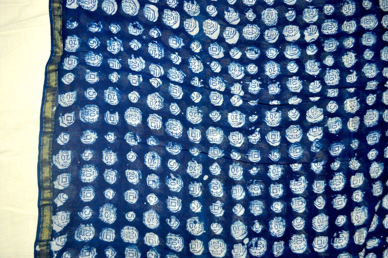 Beautiful coin print zari border chanderi fabric Indigo sheer fabric