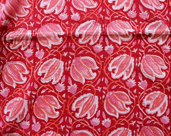 2.5 yards floral red and pink block print fabric in breathable cotton