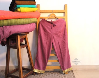 Khadi pants cotton slub pants in Onion mauve color with zari border at the bottom