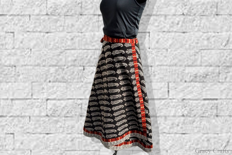 Block print long wrap around skirt with ties in cotton fabric image 8