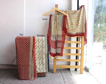 Red Block print suit with dupatta in cotton fabric