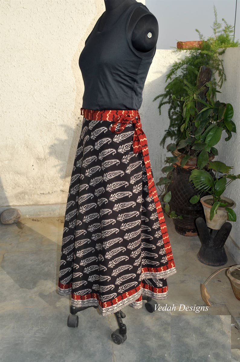 Block print long wrap around skirt with ties in cotton fabric image 1