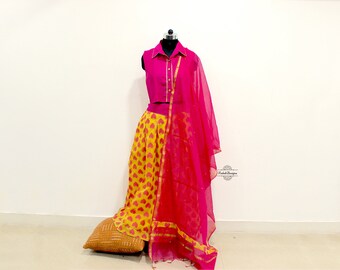 Custom-made yellow box pleated skirt with pink ethnic top for women