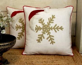 Set of 2 christmas pillow covers in snowflake hand embroidery and fur patchwork
