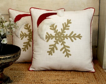 Set of 2 christmas pillow covers in snowflake hand embroidery and fur patchwork