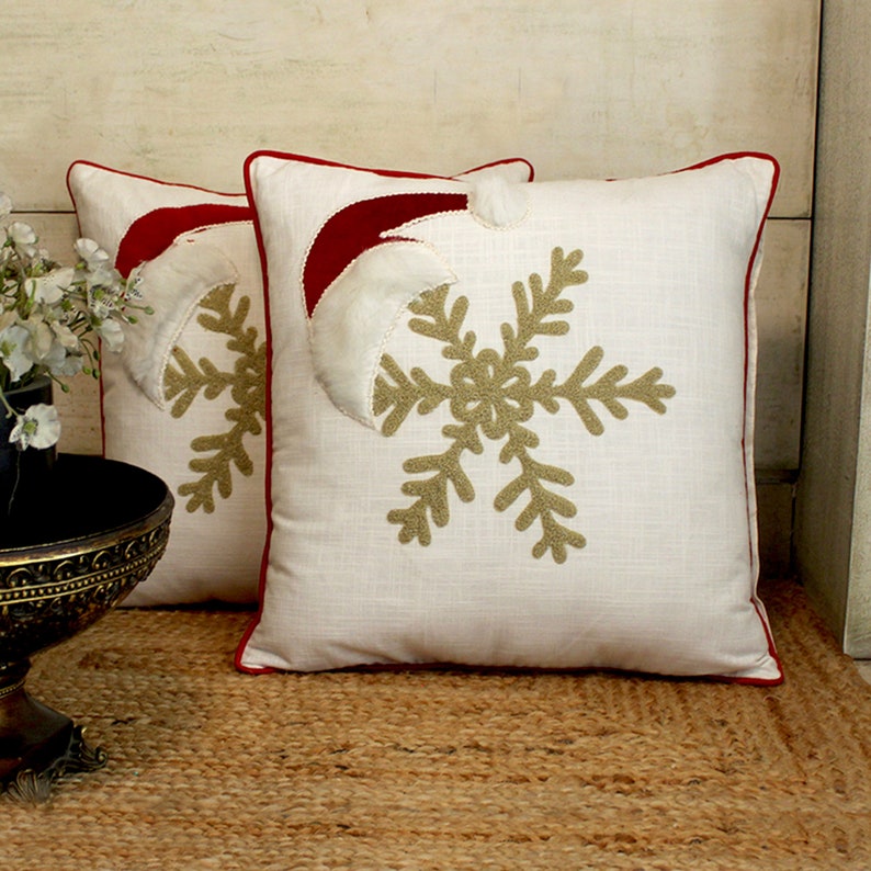 Set of 2 christmas pillow covers in snowflake hand embroidery and fur patchwork image 1