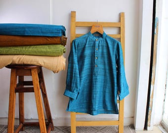 khadi kurta electric blue short shirt kurta in breathable cotton fabric