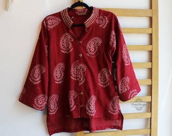 Maroon block print shirt with designer collar