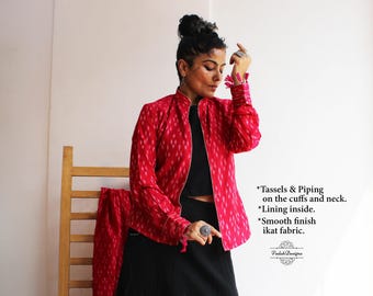 Hot pink ikat jacket in cotton silk fabric formal shirt in handloom fabric