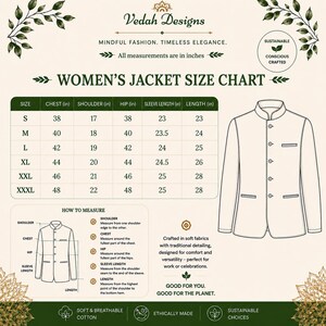 May include: A size chart for a jacket by Vedah Designs, featuring a table with measurements in inches for sizes S to XXXL. The graphic includes a line drawing of a jacket with a mandarin collar, button front, and pockets, alongside instructions on how to measure chest, shoulder, hip, sleeve length, and total length.