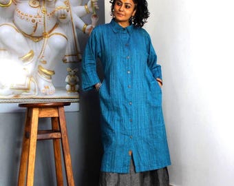 Electric blue jacket long khadi shirt custom made buttoned dress