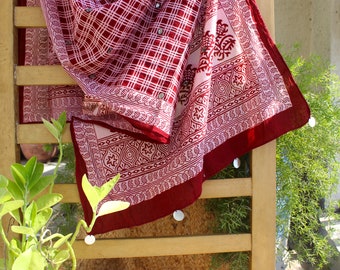 Hand-embroidered cotton block print stole